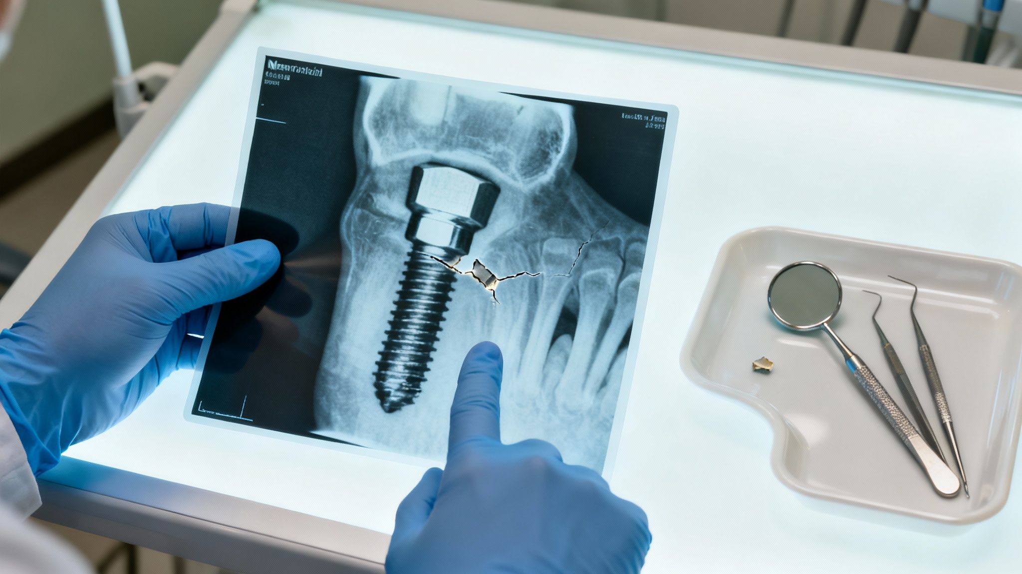A gloved hand points to a dental X-ray showing a fractured dental implant and surrounding bone.
