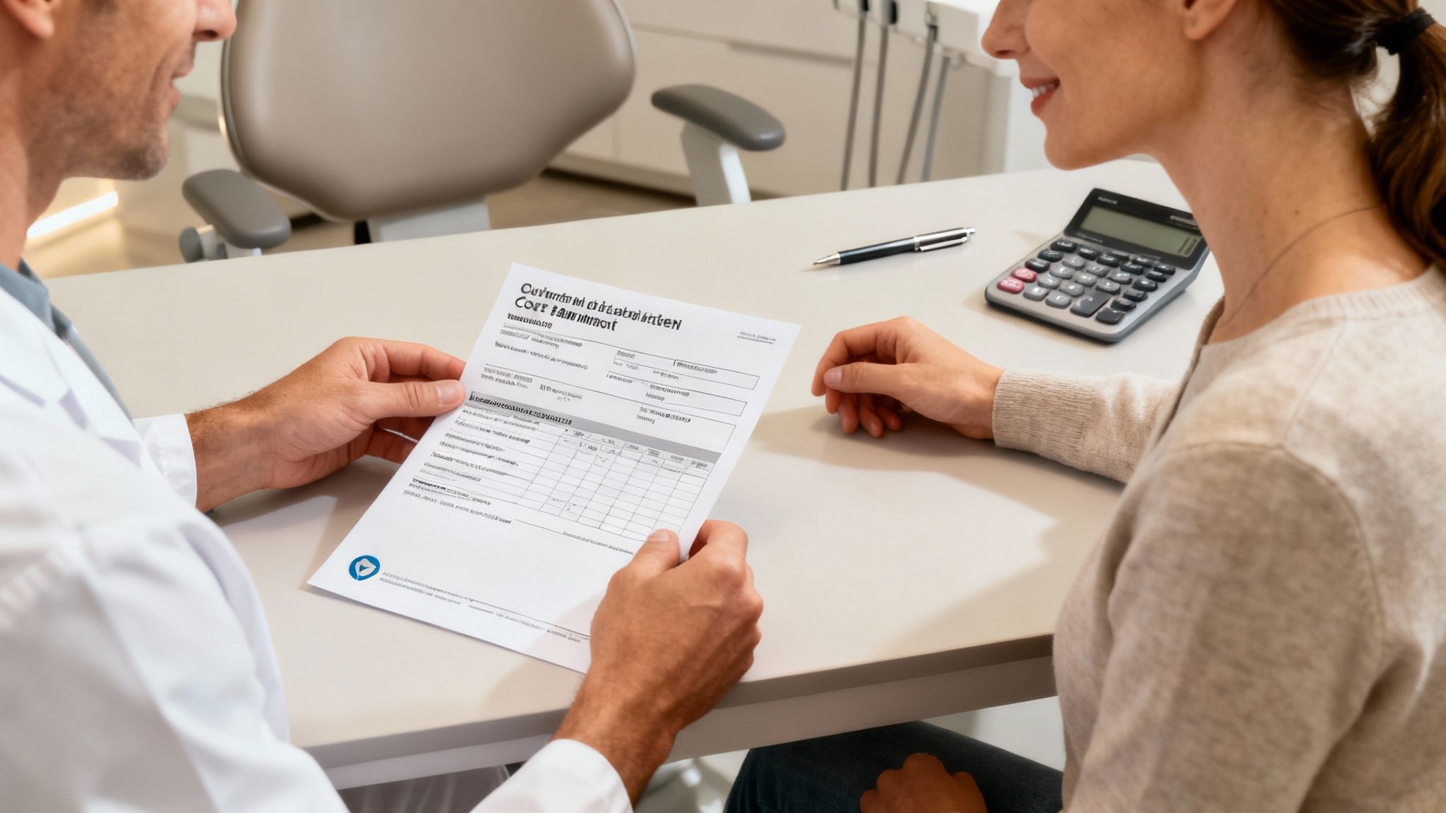 A person reviewing health insurance documents with a calculator, symbolizing the process of navigating German health insurance for dental implants