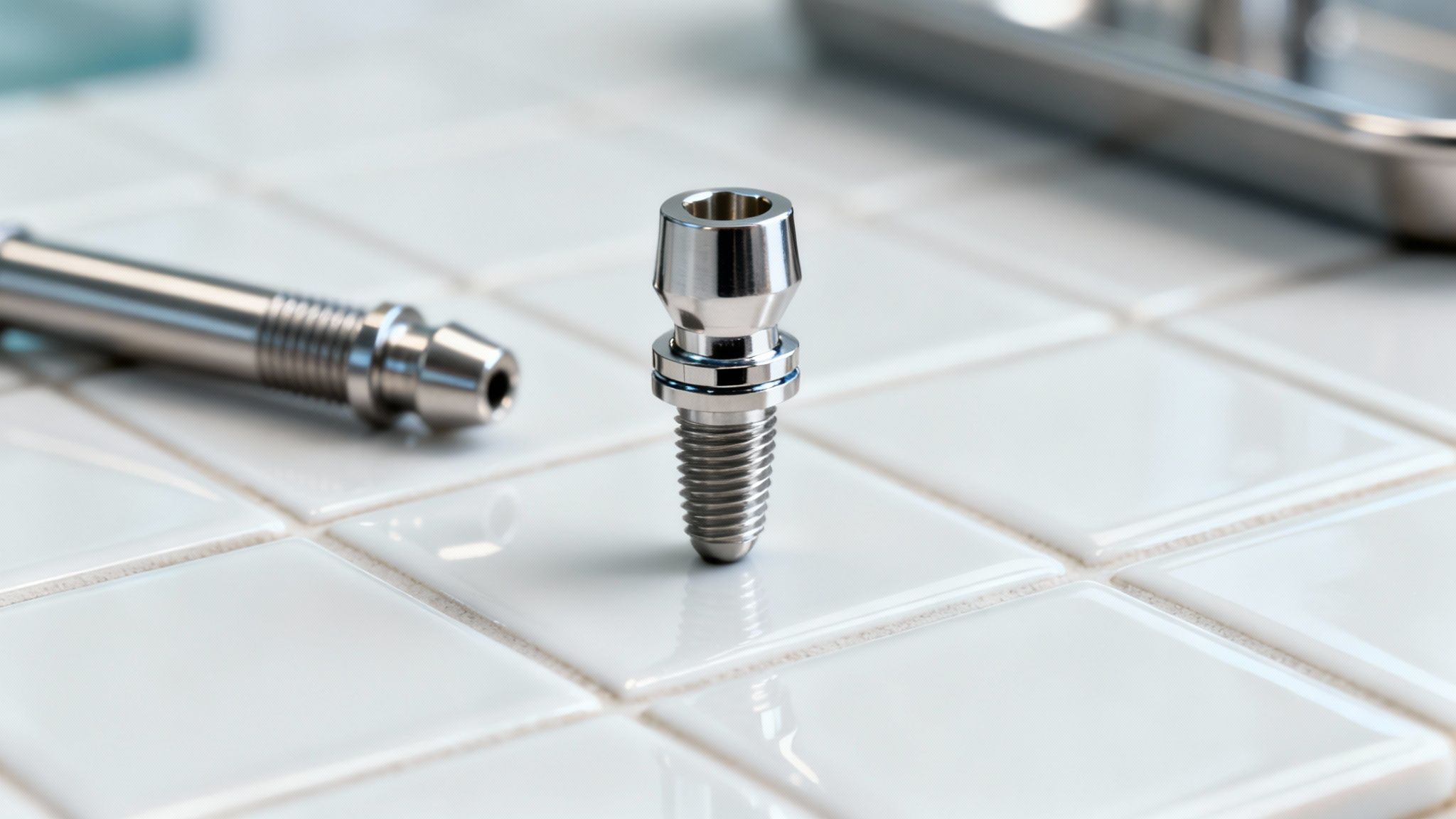 Close-up of a shiny dental multi-unit abutment standing upright on a white tiled surface.