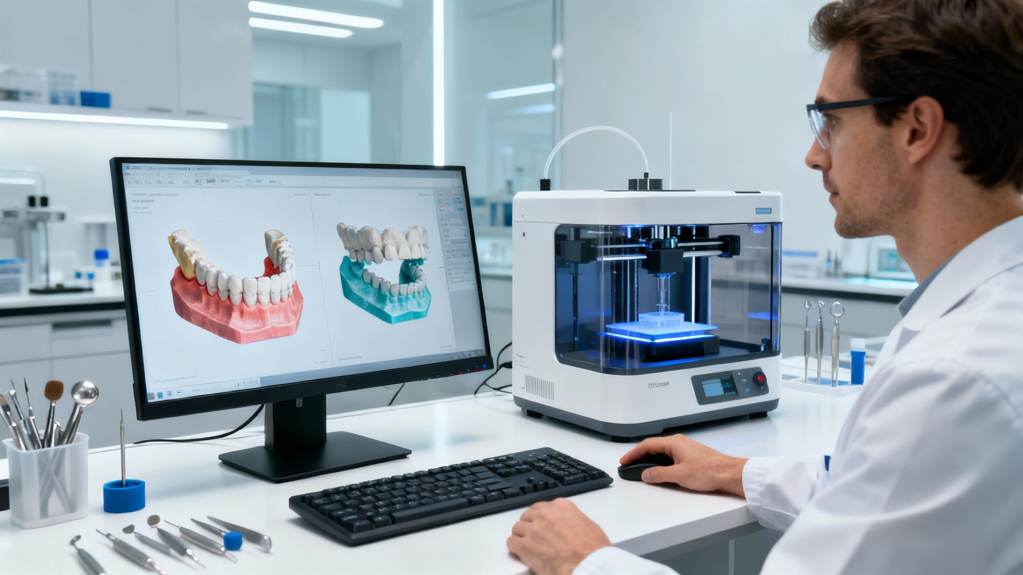 A modern dental lab with 3D printers and digital workstations