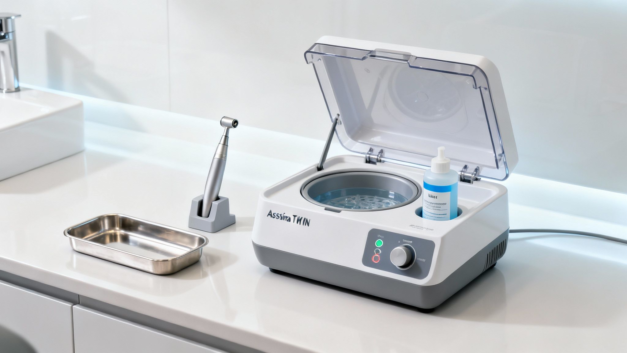 A dental handpiece, sterile tray, and Assina TWIN cleaning device on a modern white counter.