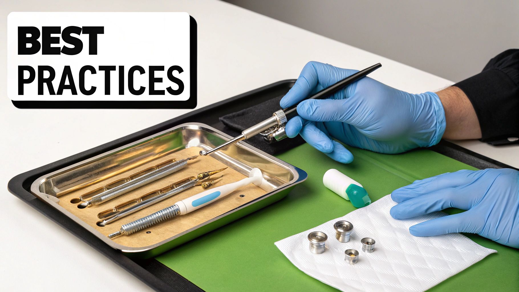 A dentist using a calibrated torque wrench to tighten an abutment screw on a dental model.