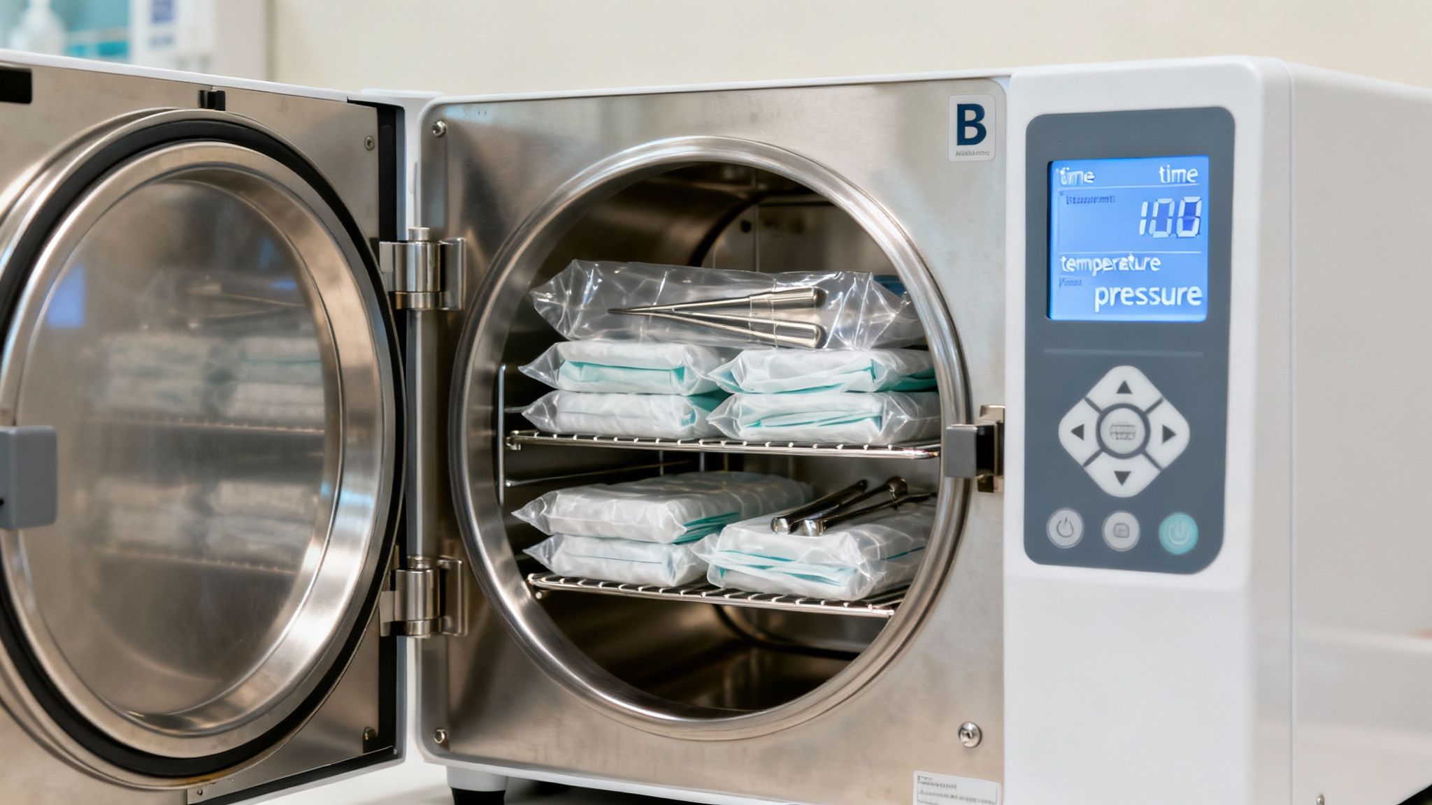 Open medical sterilizer (autoclave) filled with packaged instruments on multiple shelves.