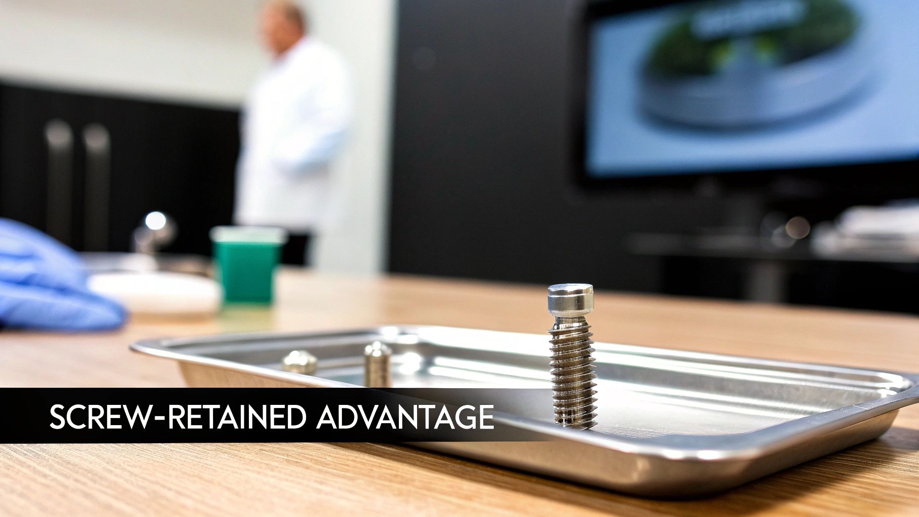 A close-up view of a dental professional working on a Straumann screw-retained abutment.