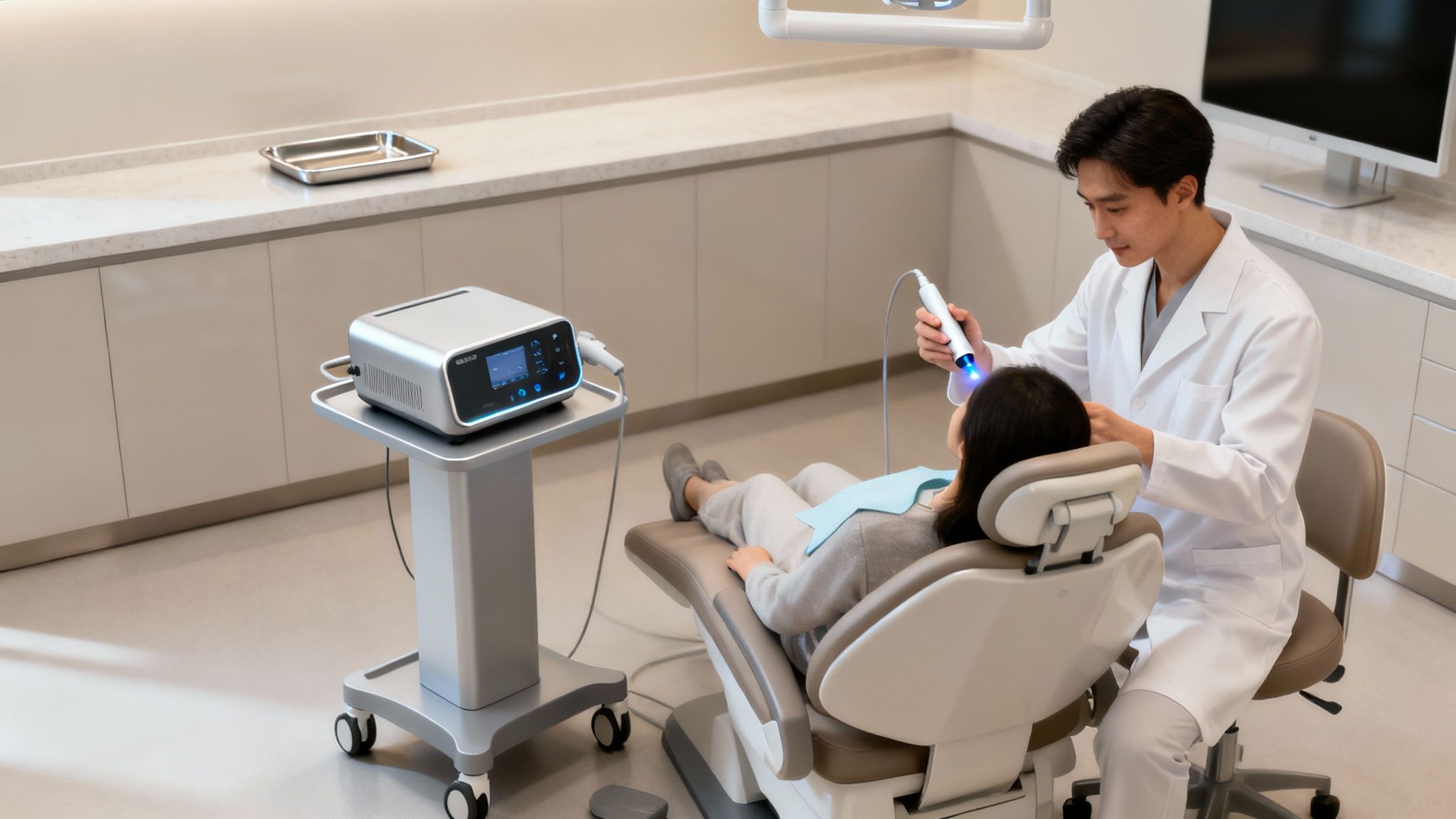 A dentist using a laser on a patient's teeth in a modern clinic