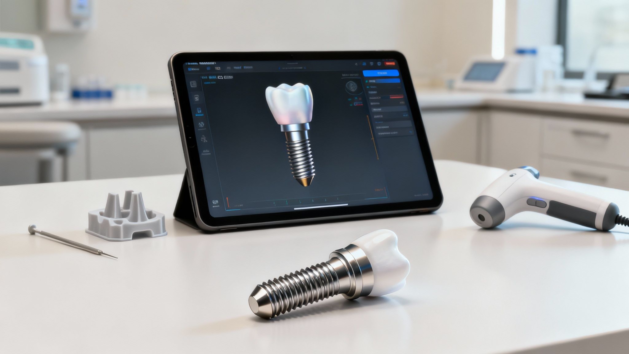 A dental professional using a computer for CAD/CAM design of a dental restoration