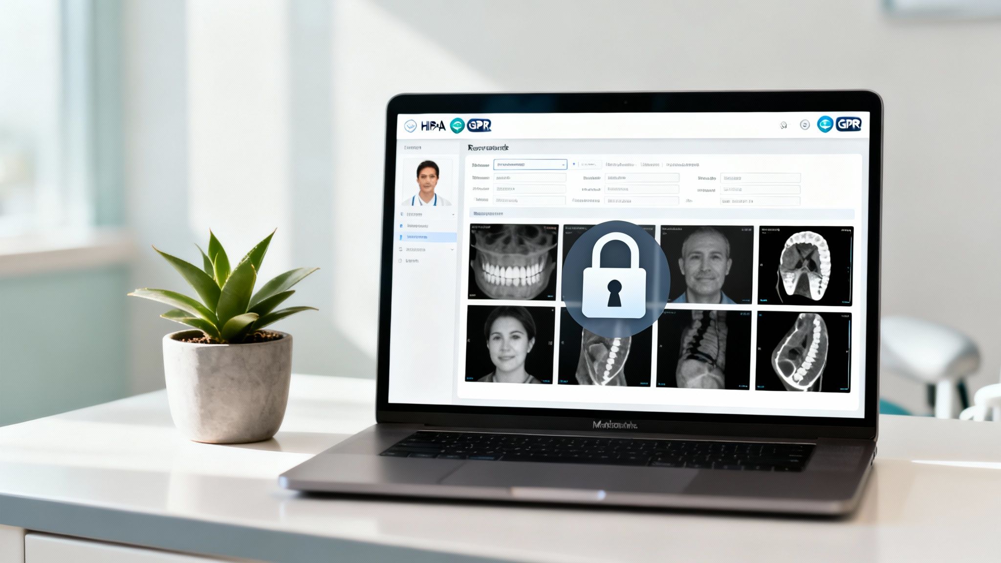 Laptop displaying a medical DICOM viewer with patient records and scans, secured by a lock icon.
