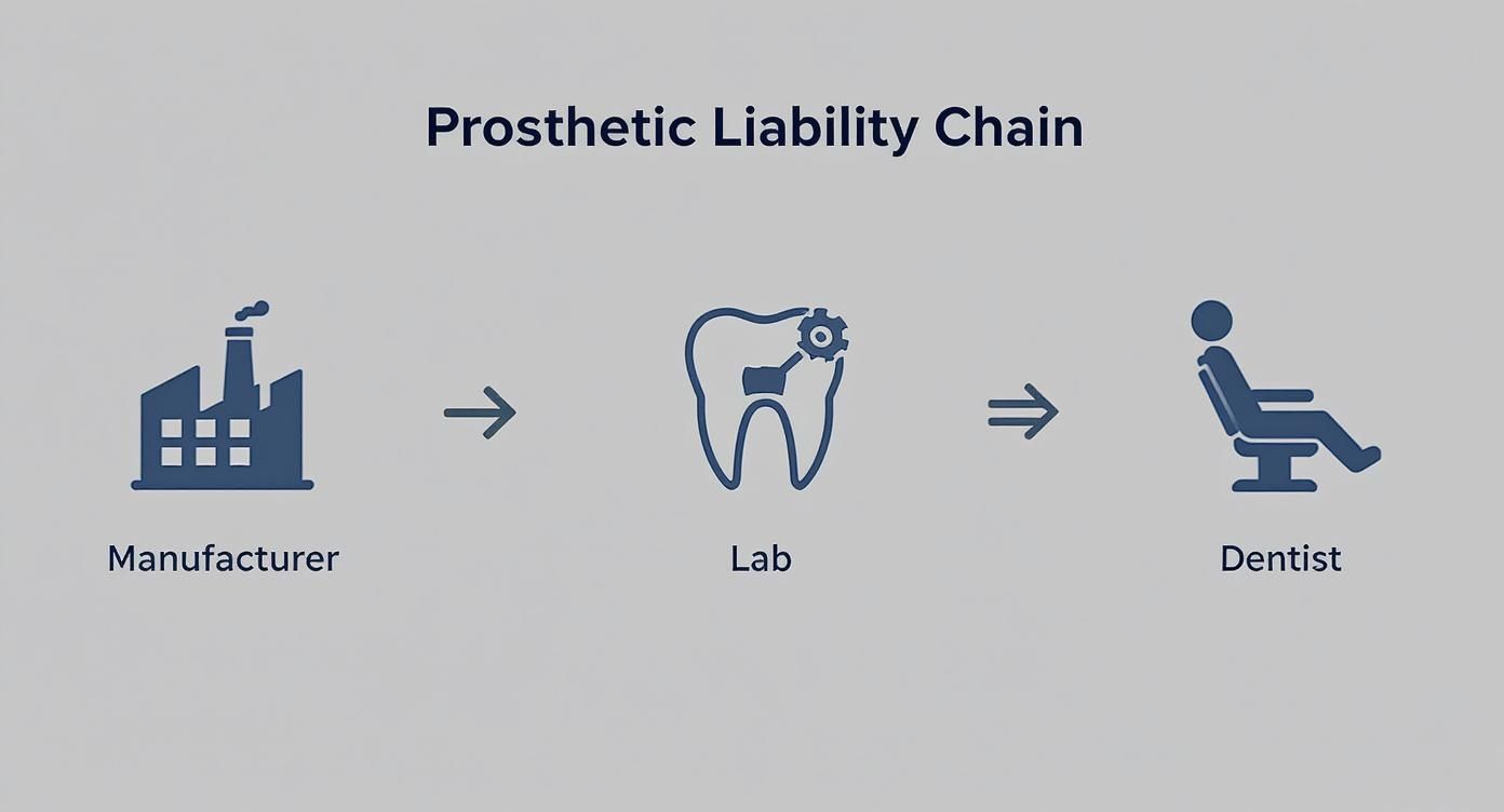 Infographic showing the prosthetic liability chain, starting from the manufacturer, moving to the dental lab, and ending with the dentist.