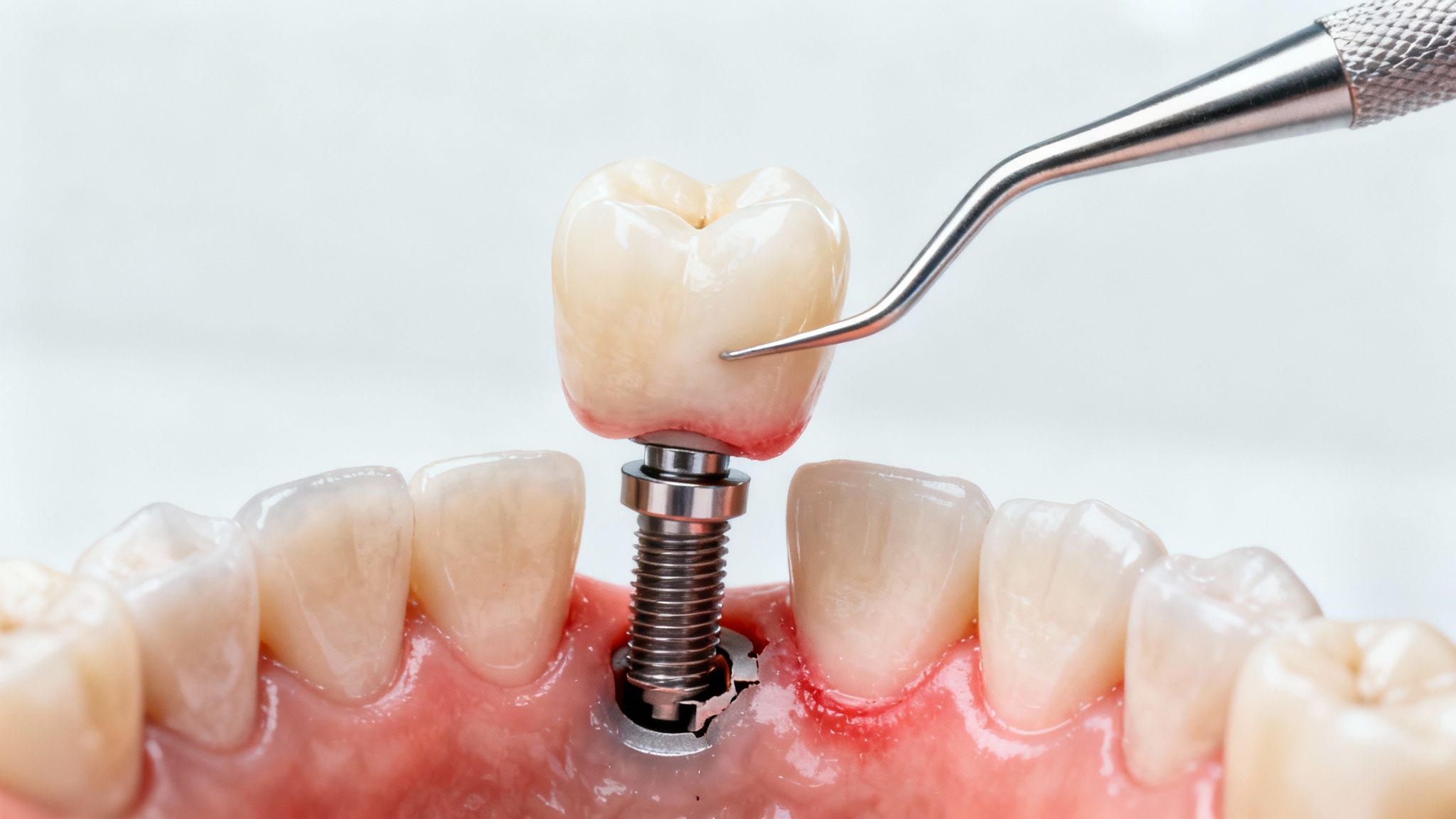 A dental professional is placing a ceramic crown onto a titanium implant screw and abutment in a jaw model.