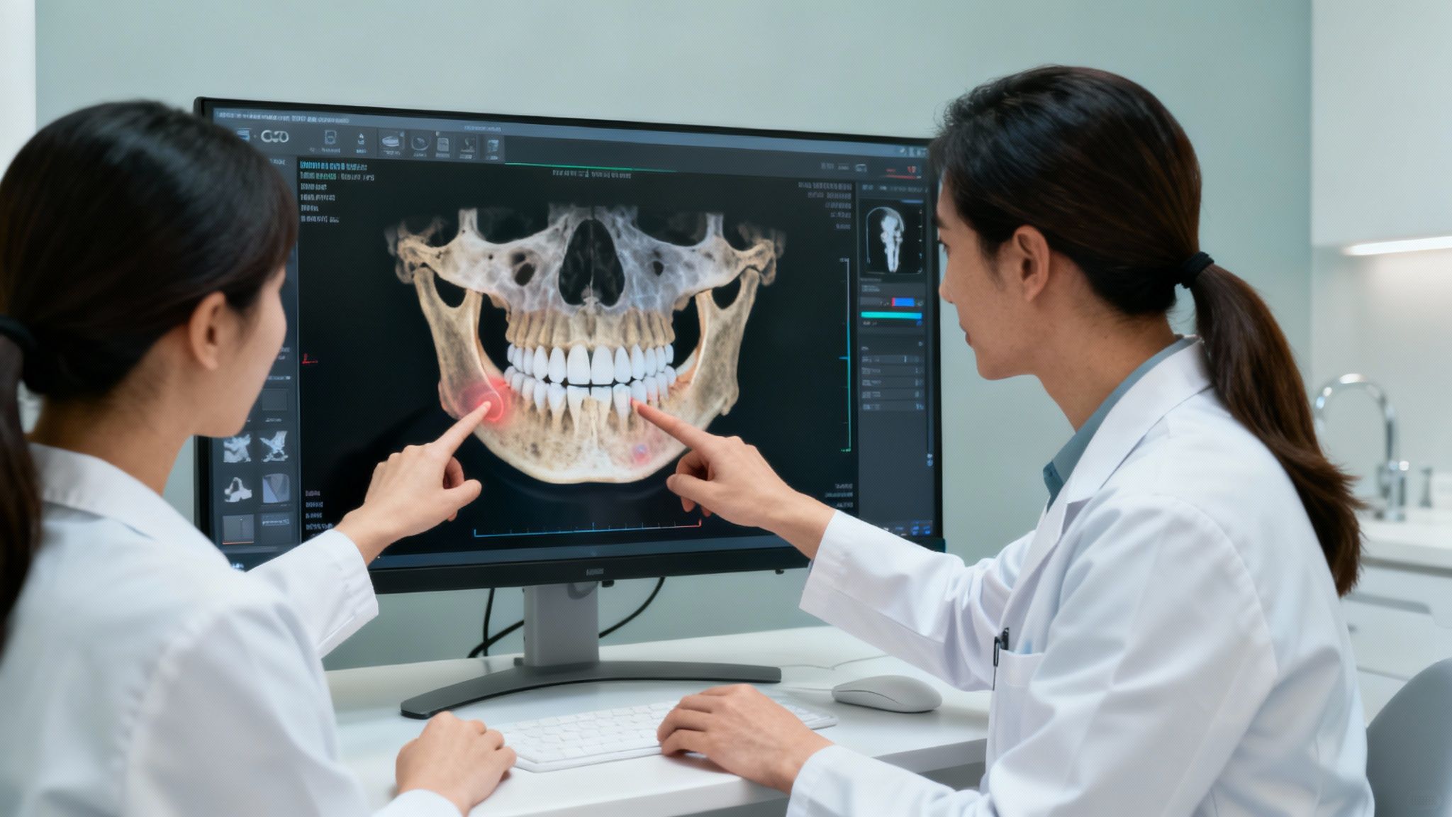 A dentist reviewing CBCT scan data on a computer screen for implant planning.
