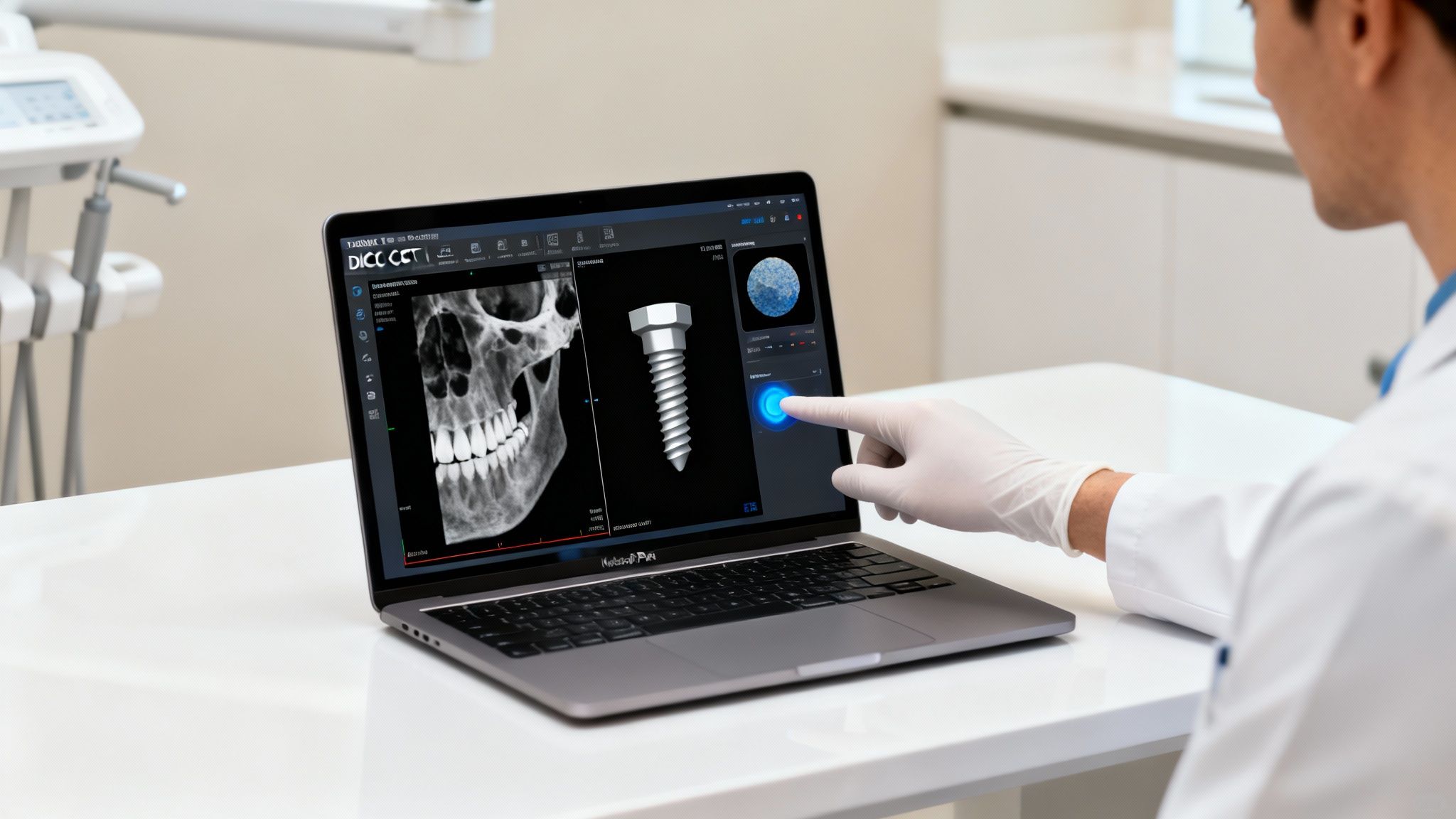 Dentist uses a laptop with dental imaging software, displaying a skull X-ray and 3D dental implant.