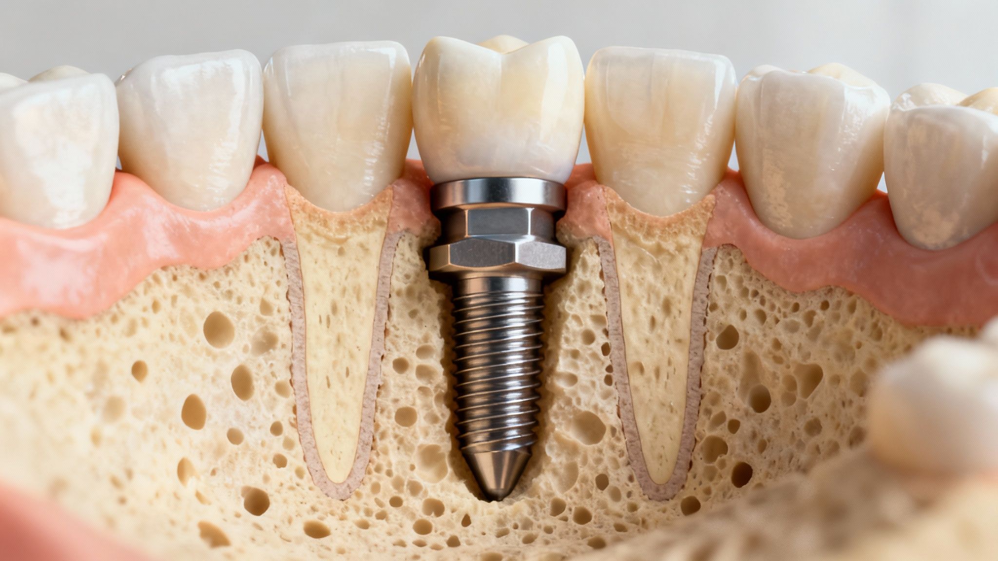 A dental professional examining a model of a Bicon dental implant, highlighting its unique design.