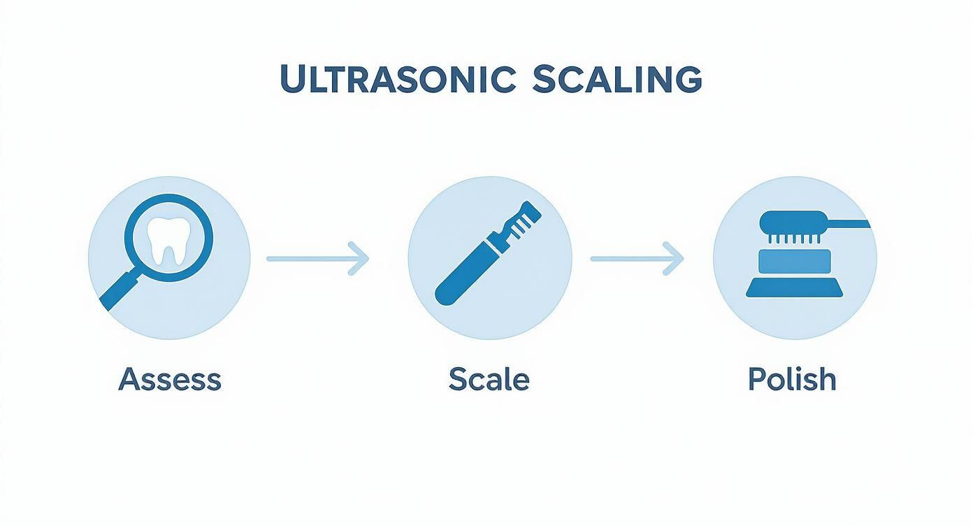 An infographic illustrating the three-step process of ultrasonic scaling Assess, Scale, and Polish.