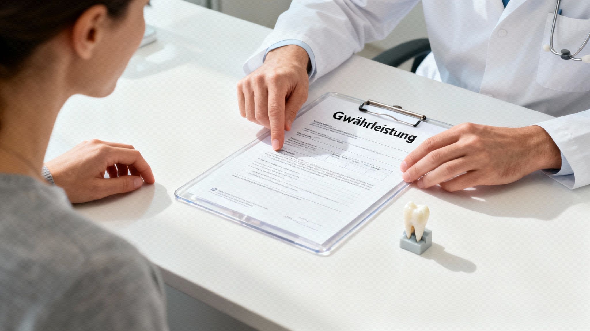 A dentist carefully examining a dental prosthetic model in a lab setting.