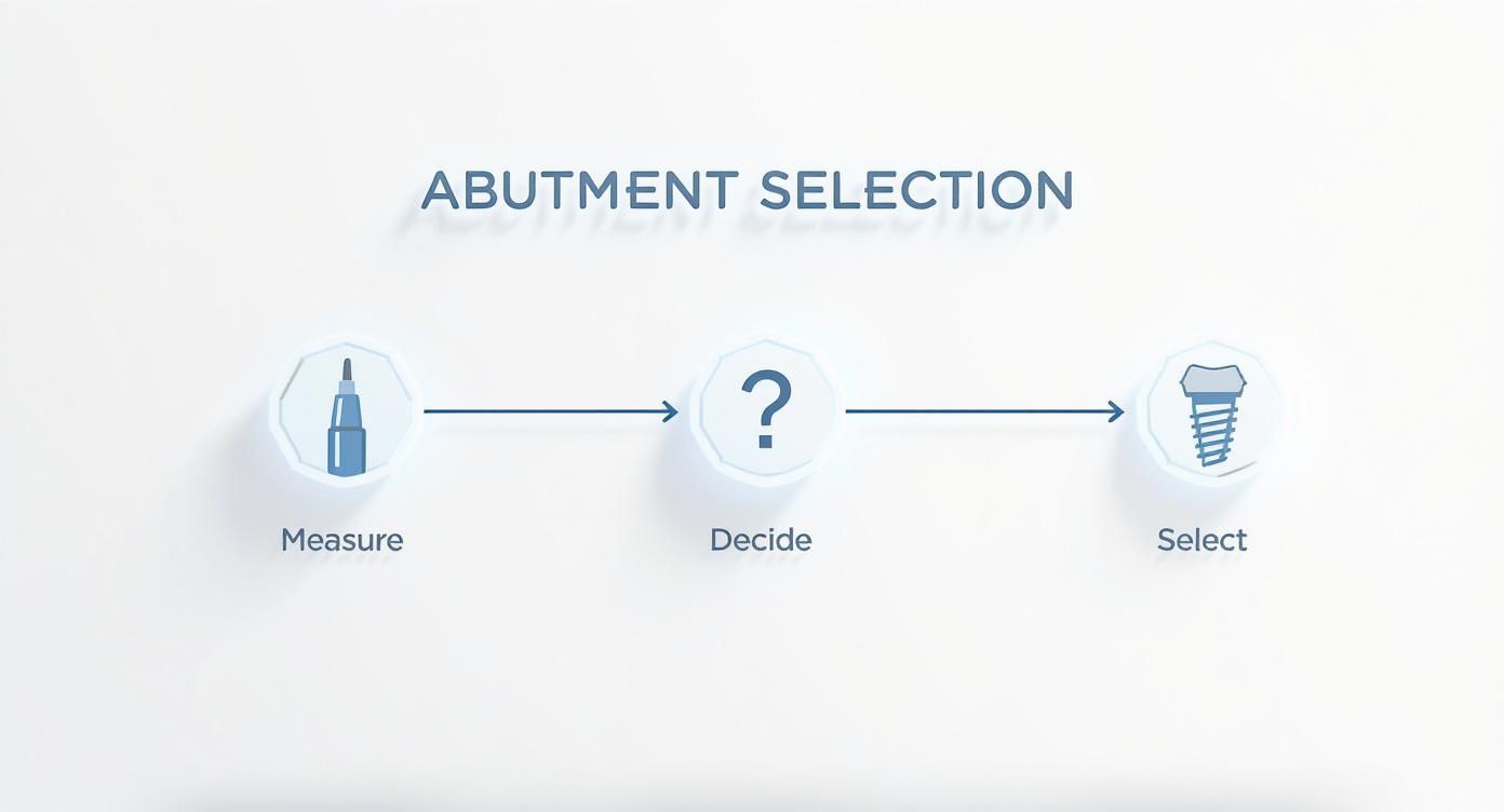 Flowchart titled 'Abutment Selection' showing steps: Measure, Decide, and Select.