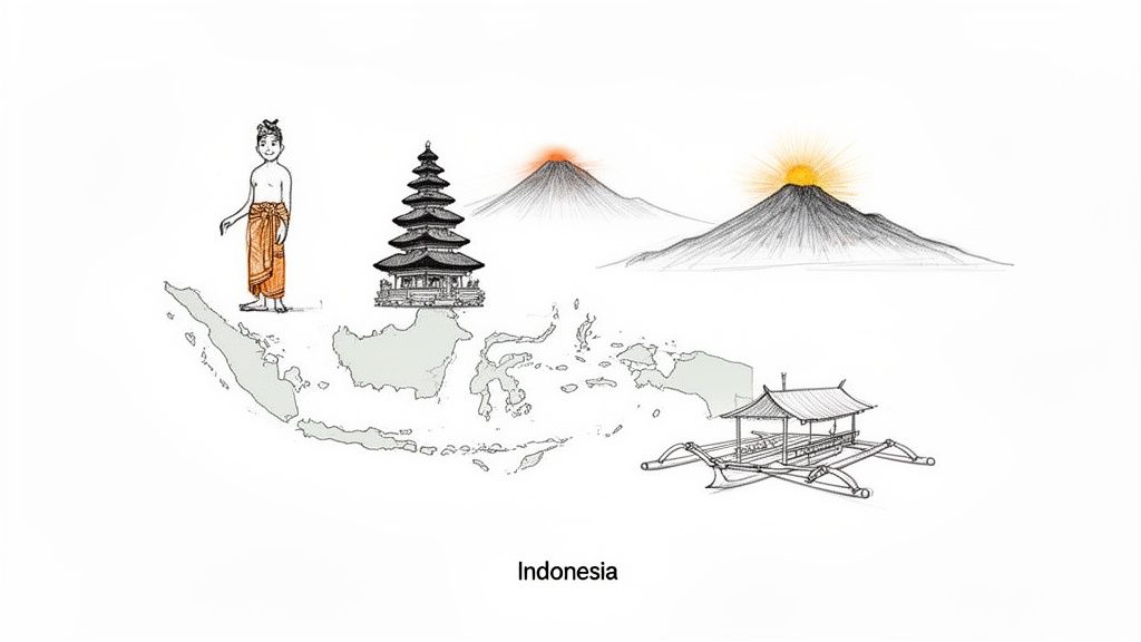 An illustration showcasing Indonesian culture, featuring a map, traditional person, temple, volcanoes, and boat.