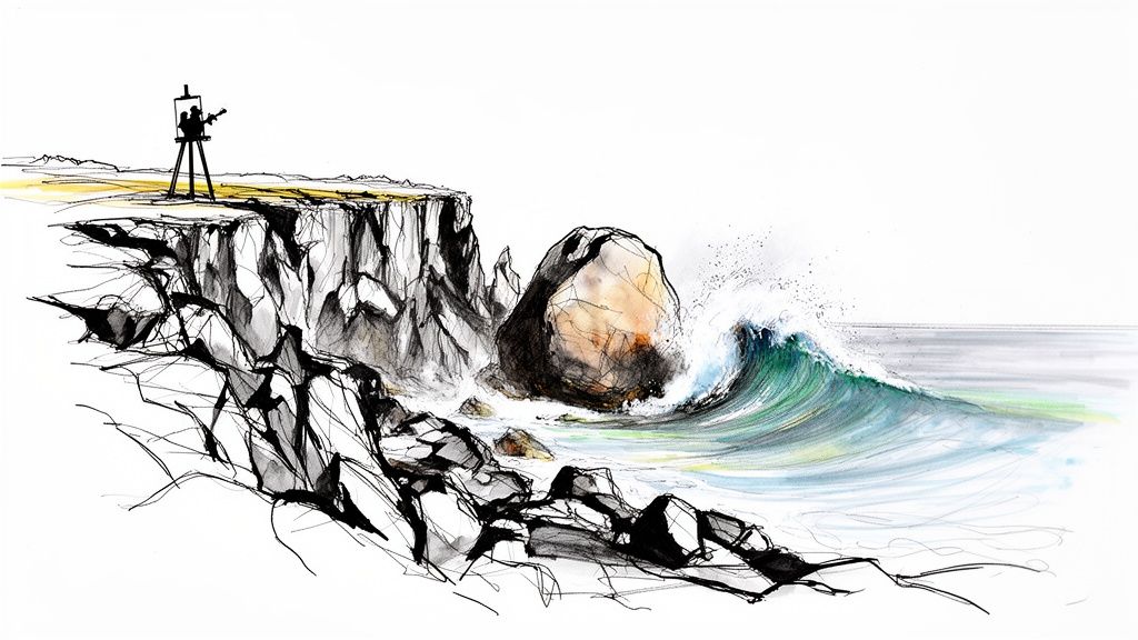 Pen and watercolor drawing of a dramatic coastal scene with a painter on cliffs overlooking a crashing wave.