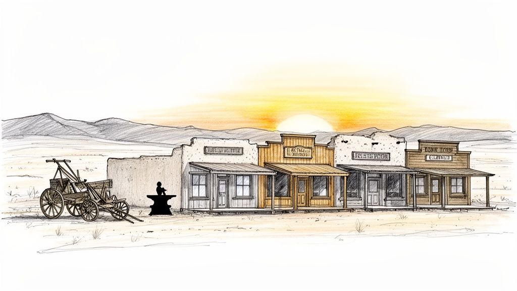 An illustration of an old western ghost town with abandoned buildings, a wagon, and distant mountains at sunset.