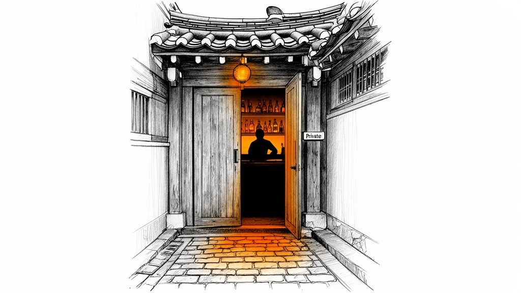 Hand-drawn sketch of a private traditional Korean bar entrance with a warm orange glow.