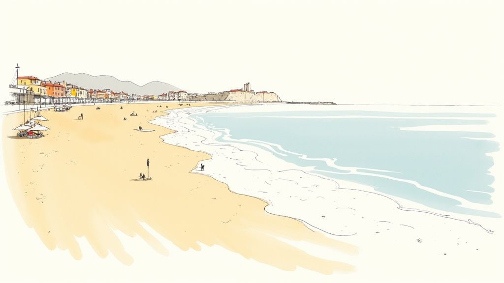 An illustrated panoramic view of a sunny sandy beach, a bustling coastal town, and calm sea.