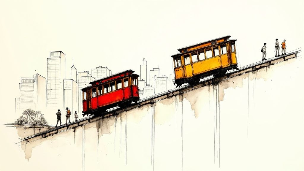 Watercolor sketch of two San Francisco-style cable cars ascending a steep hill with a city skyline.