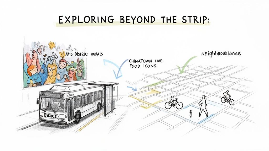 An illustration of a bus, street art, and a map showing city exploration routes beyond the Las Vegas Strip.