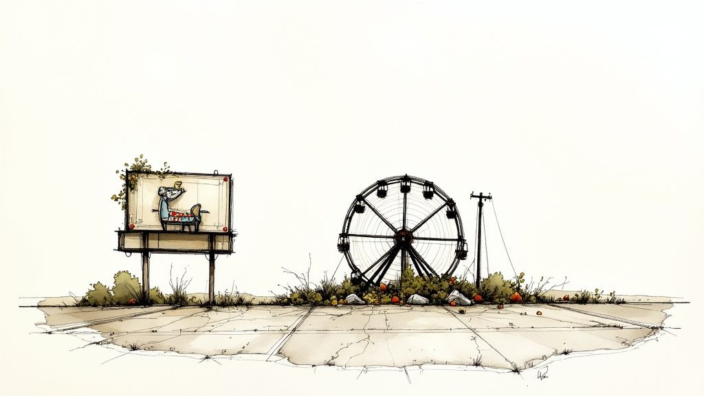 A whimsical illustration depicting an abandoned road with an old billboard and a large Ferris wheel.