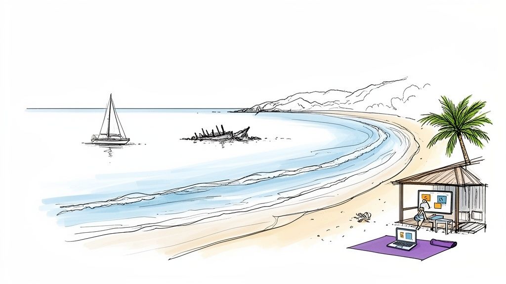 Colorful illustration of a tropical beach with a sailboat, shipwreck, and person working in a beach hut.