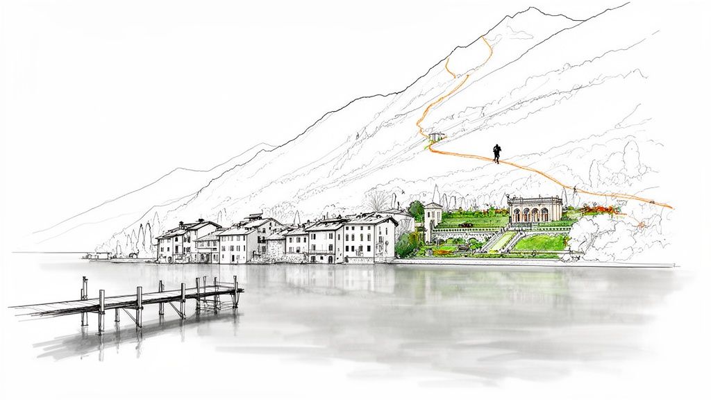 Illustration of a charming lakeside village with a pier, historic buildings, terraced gardens, and a mountain hike.