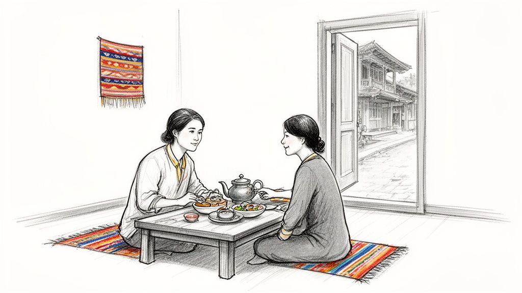 Two women sharing a traditional meal on colorful floor mats, with a teapot and a distant building.
