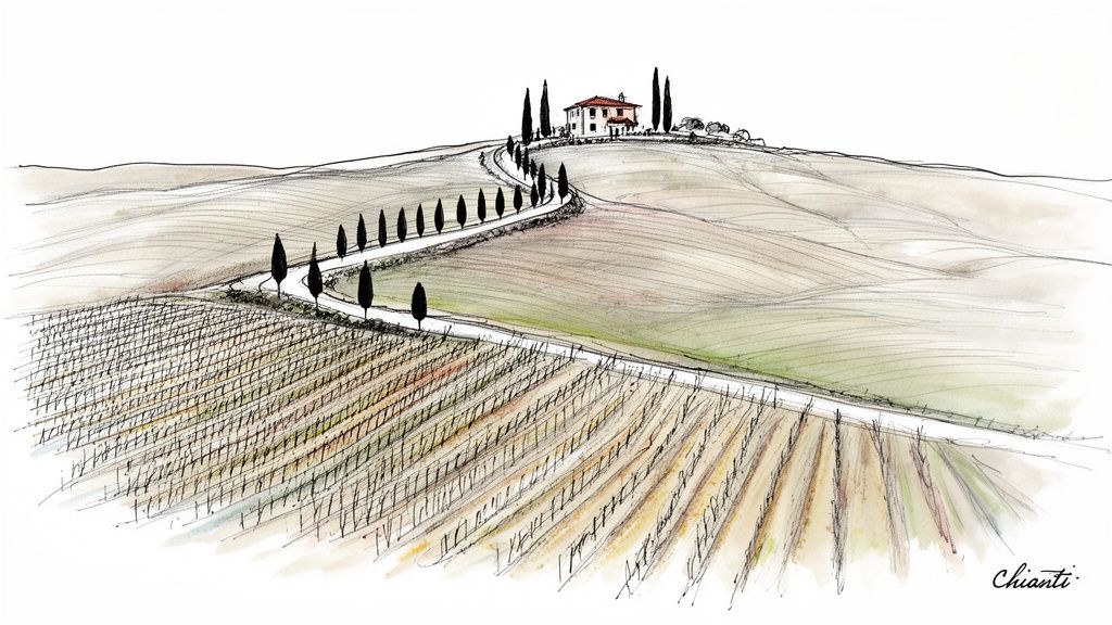 Watercolor drawing of a picturesque Tuscan landscape with vineyards, cypress-lined road, and villa on a hill.