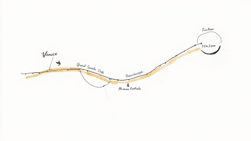 Sketch map illustrating a train journey from Venice, through Milano Centrale, to Tiel Thone.