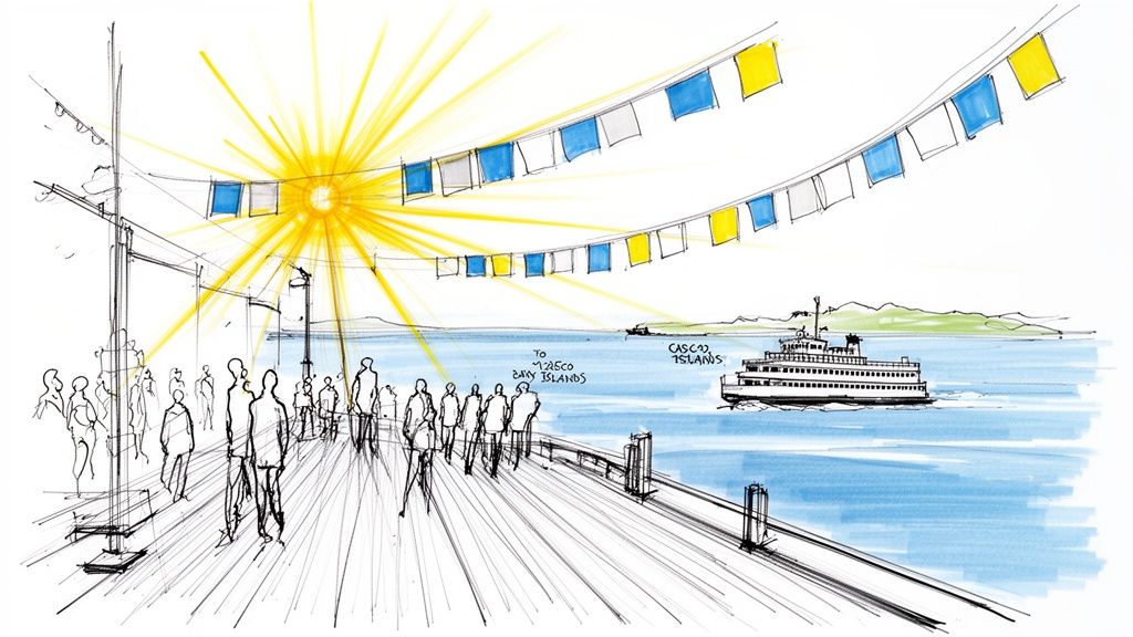 A vibrant sketch of a pier with people, a ferry boat, and colorful flags under a bright sun.