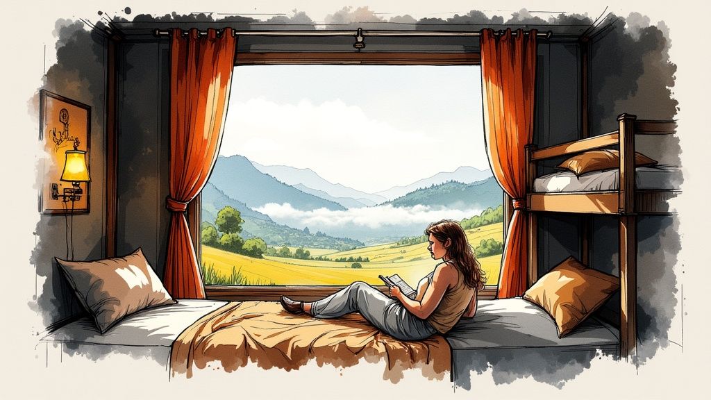 A woman reads a book by a window overlooking a scenic mountain and field landscape in a cozy room.