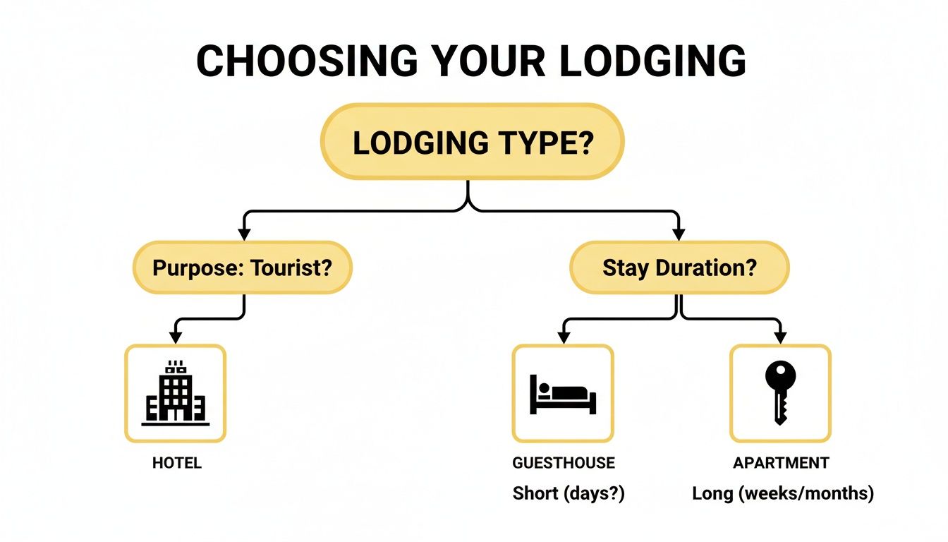 Decision tree illustrating how to choose lodging (hotel, guesthouse, apartment) based on travel purpose and duration.