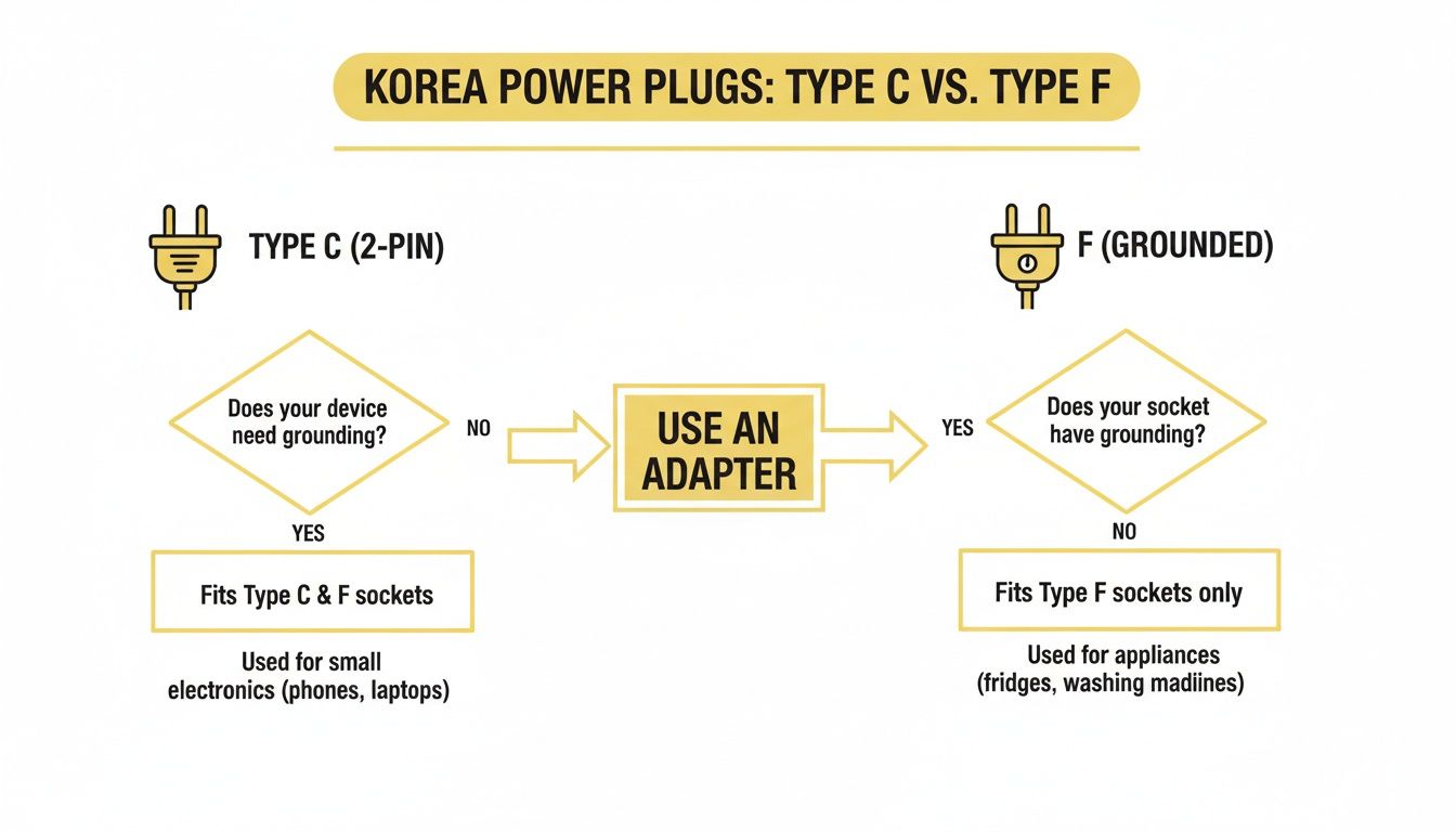 Flowchart guiding on Korea power plugs Type C (2-pin) versus Type F (grounded) compatibility.