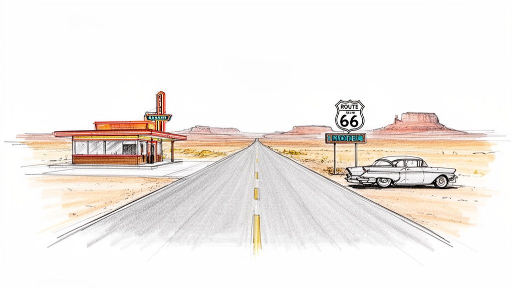 A colorful sketch of the iconic Route 66, featuring a diner, classic car, and desert landscape.