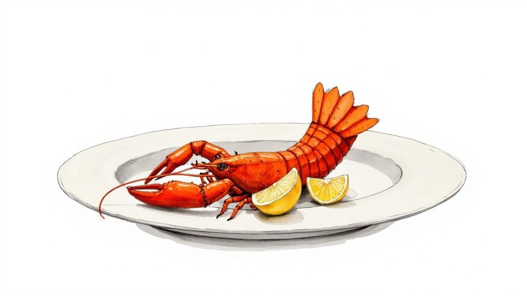 A vibrant illustration of a cooked red lobster with lemon slices on a white plate, ready to eat.