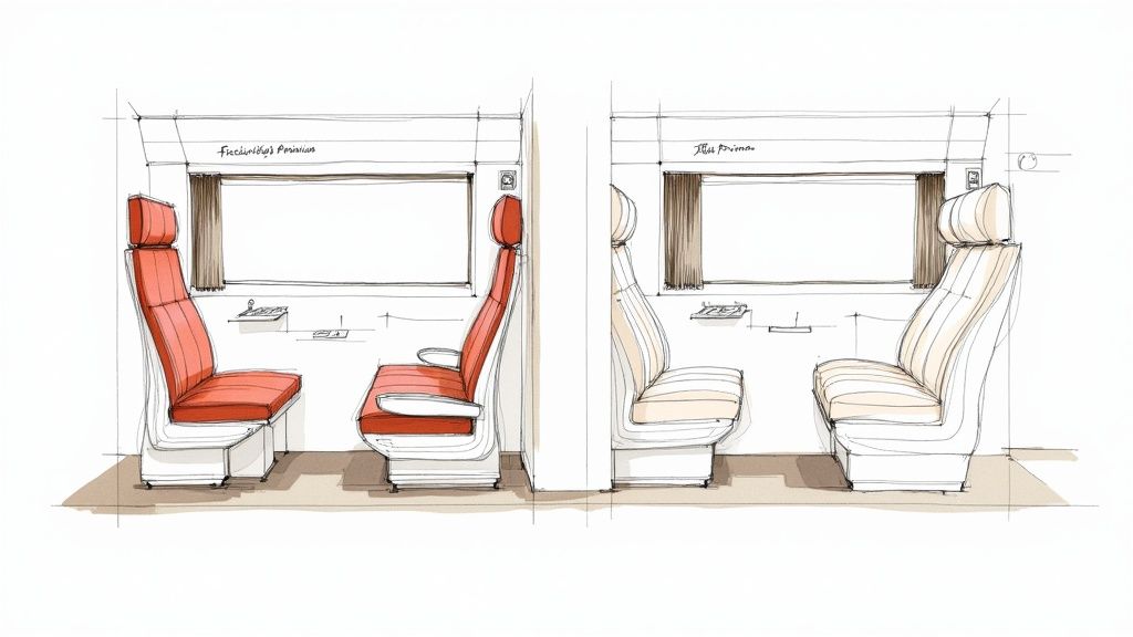 Sketch illustrating two different train interior designs: Frecciarossa Premium and Italo Prima.