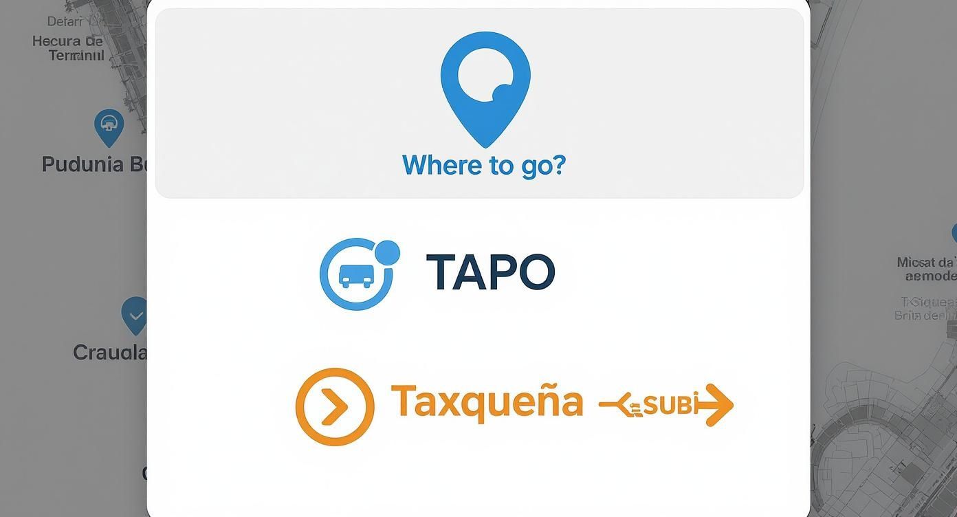 Mobile app interface showing transportation options TAPO and Taxqueña with where to go map pin