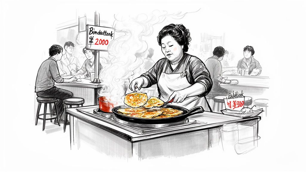 A woman in an apron cooks Korean pancakes on a griddle, serving customers in a lively food stall.