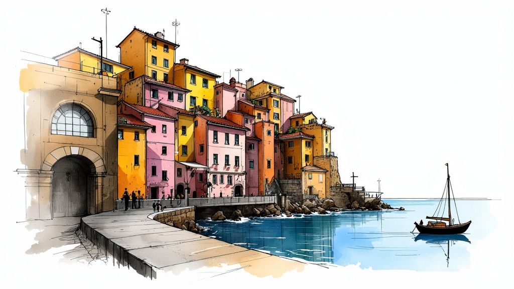 Watercolor illustration of a vibrant coastal town with colorful houses, a waterfront path, and a sailboat.