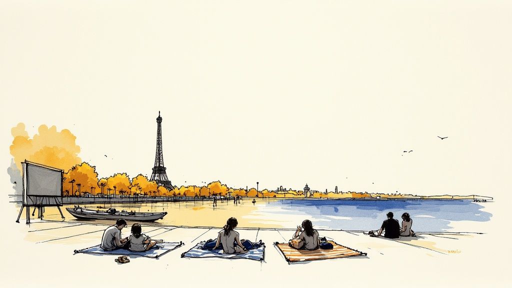 People picnicking along the River Seine on a sunny summer day in Paris