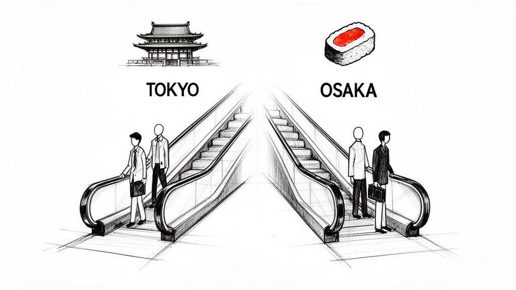 Illustration comparing escalator etiquette in Tokyo and Osaka, showing cultural differences in Japan.