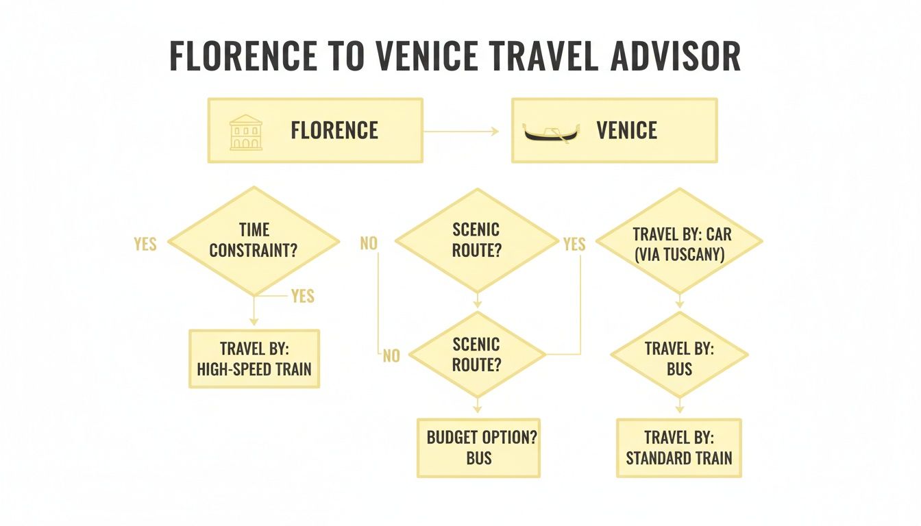 A flowchart detailing travel options from Florence to Venice, considering time, scenic preferences, and budget.