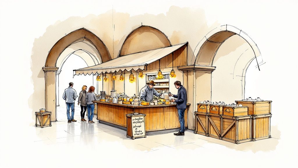 Watercolor illustration of artisan food market stall in historic London archway with customers