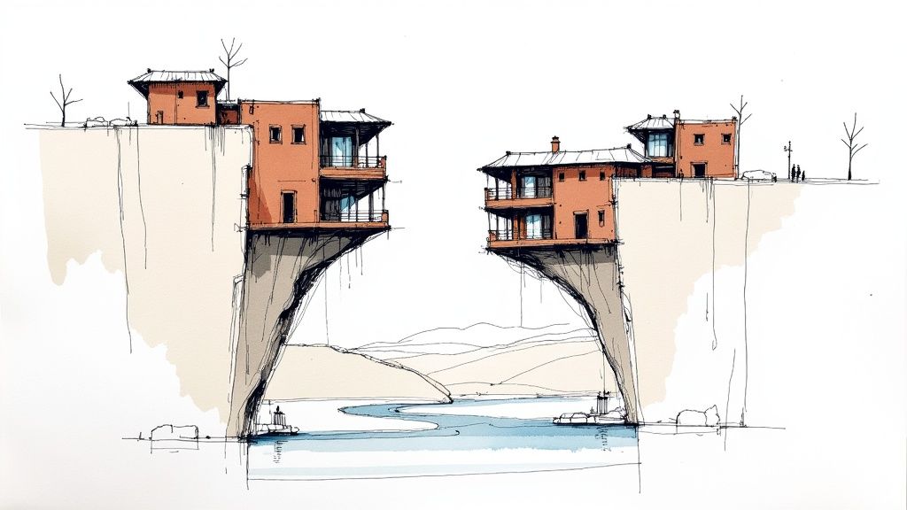 Architectural sketch of orange terracotta houses built on cliff edges overlooking a river valley