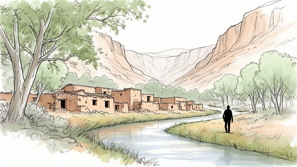 Watercolor illustration of an ancient adobe village beside a winding river, with a person walking.