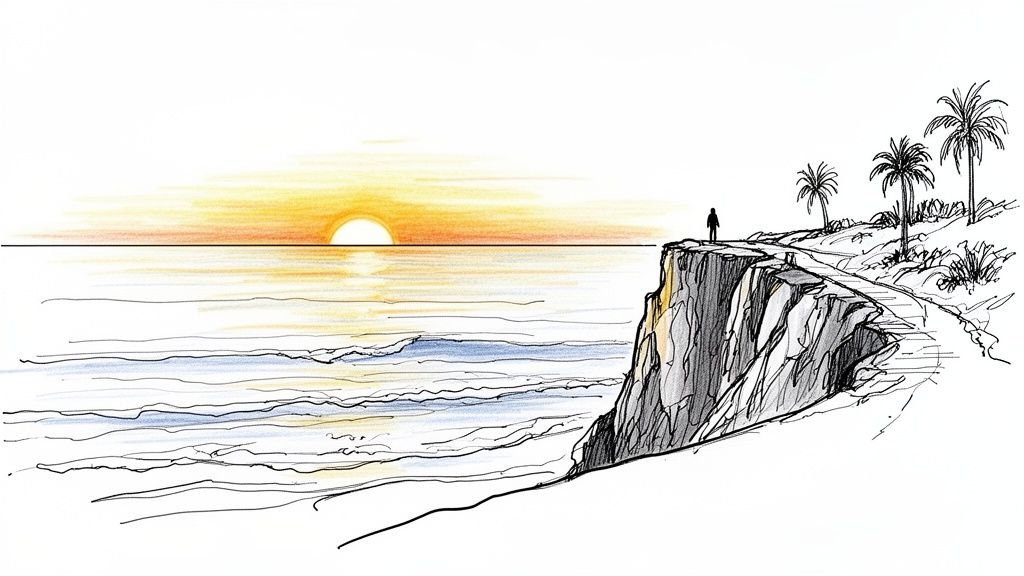 A drawing of a person watching a vibrant sunset over the ocean from a cliffside path with palm trees.