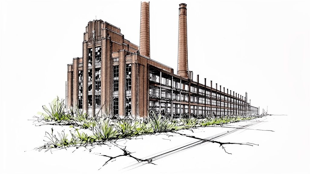 Detailed sketch of an abandoned brick factory with towering smokestacks and broken windows.